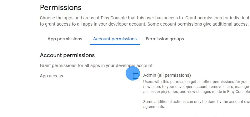 On the "Account permissions" tab, tick the "Admin" checkbox.