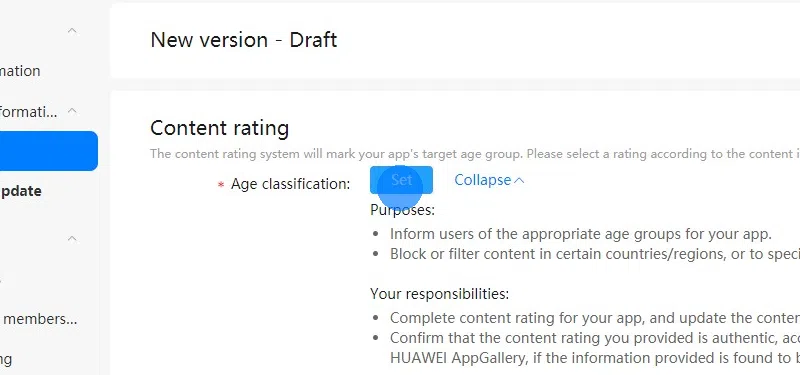 Click the "Set" button to open the content rating dialog. Pick an age rating depending on the descriptions it shows in the dialog.