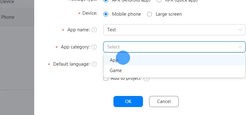 Pick the category "App" unless your website is a game. Then select the default language of your website as the default language of the app.