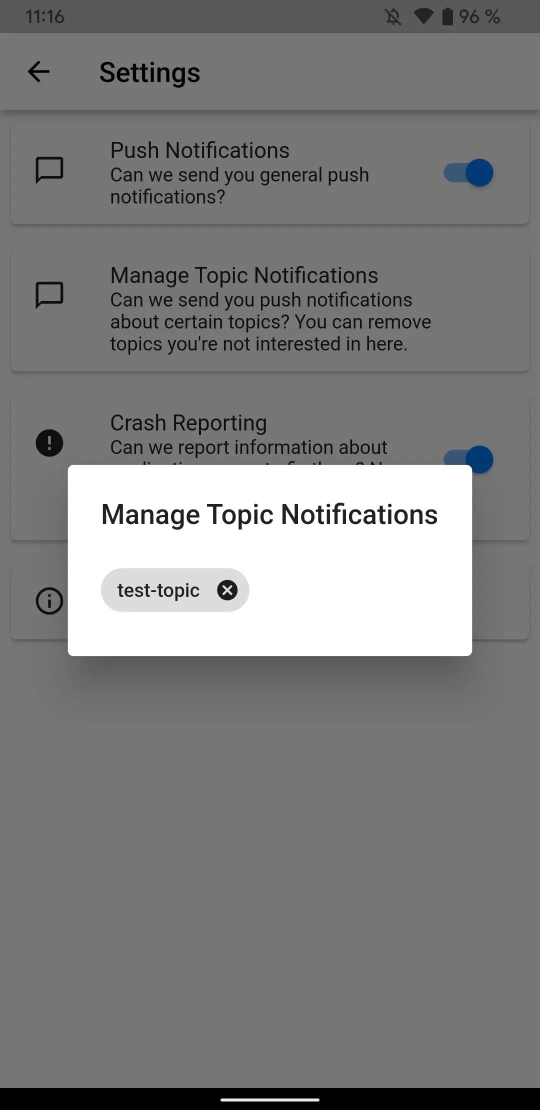 A screenshot of the dialog that allows unsubscribing from push notification topics.
