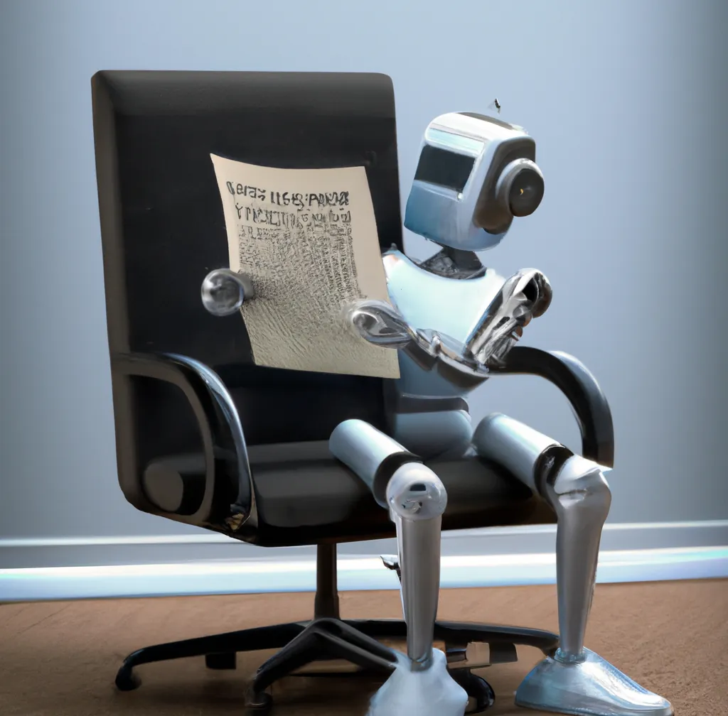 Un robot sentado en una silla de oficina leyendo unas condiciones generales muy largas, arte digital