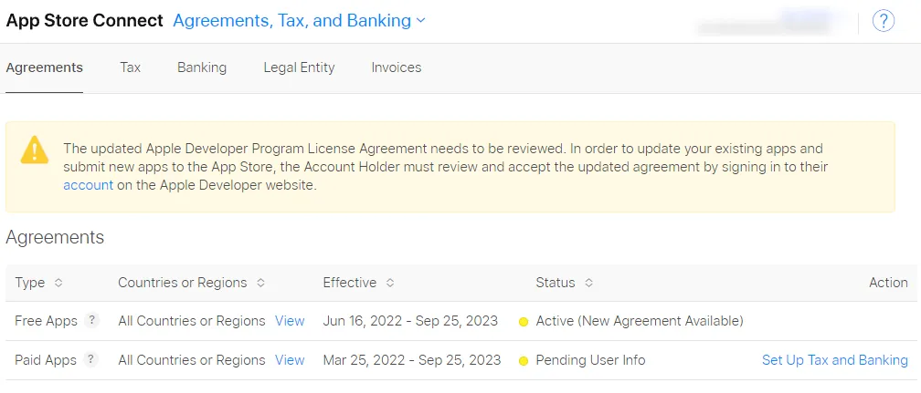 Ein Screenshot der Website mit den Vereinbarungen in App Store Connect.