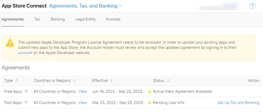 A screenshot of the agreements screen in App Store Connect.