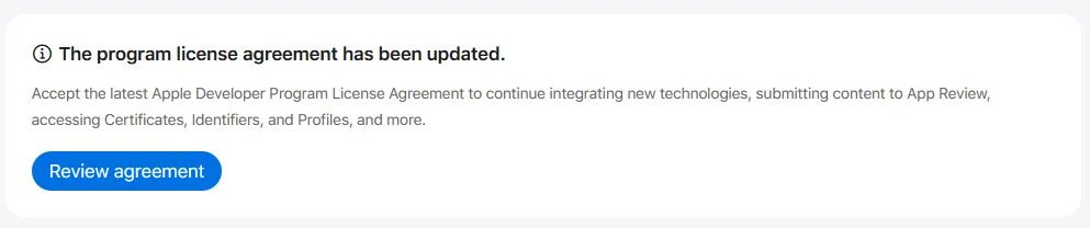 En banner på Apple Developer-sidan som uppmanar användaren att acceptera det senaste avtalet.