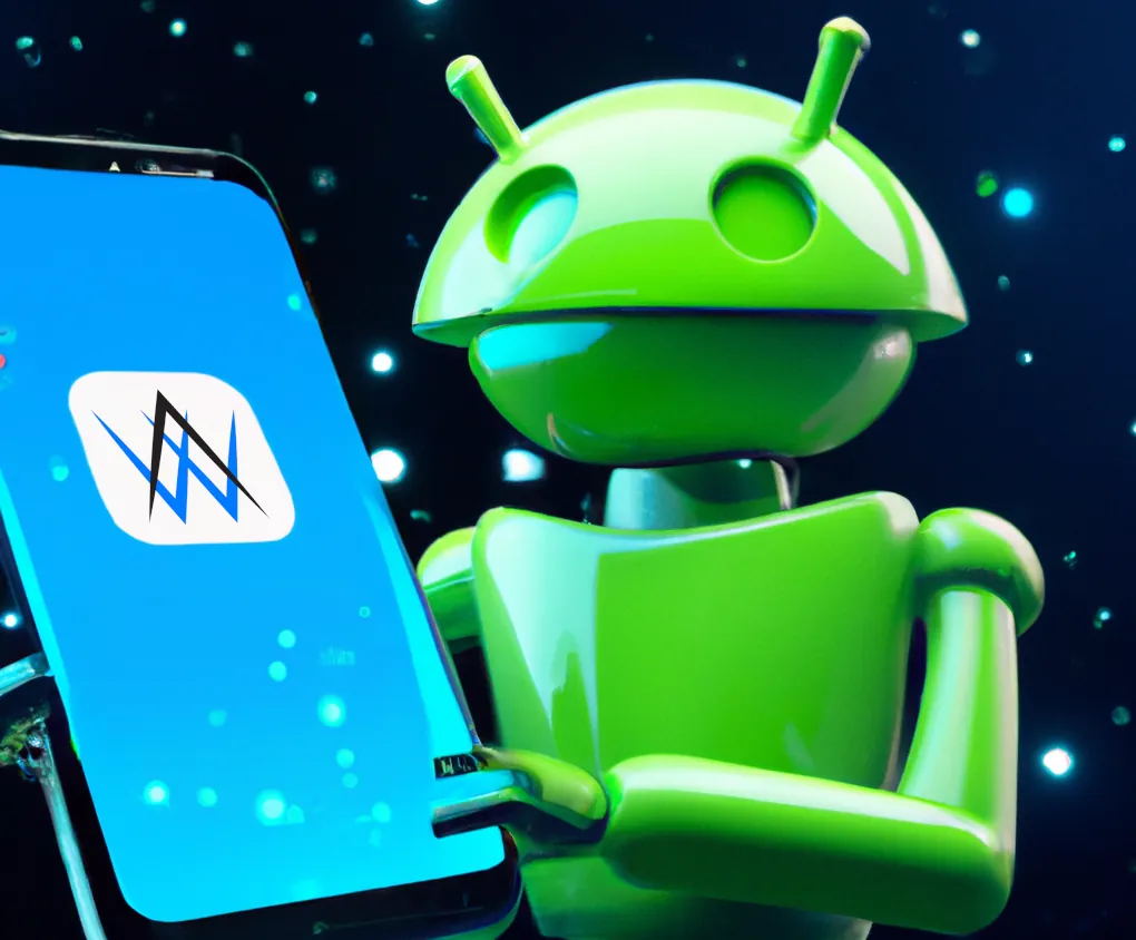 La mascotte Android recevant une notification push sur un smartphone, art numérique