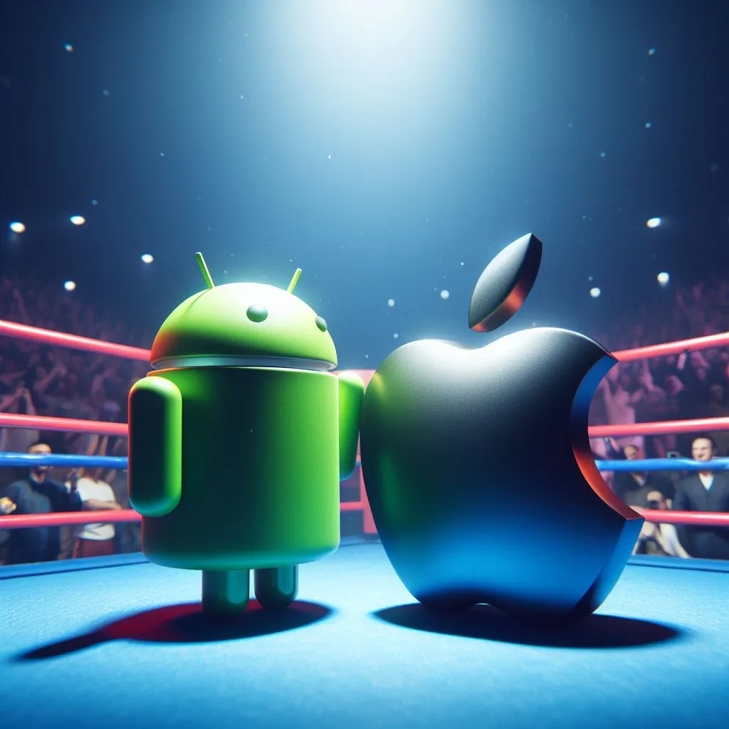Android- och Apple-logotypen i en boxningsarena, digital konst