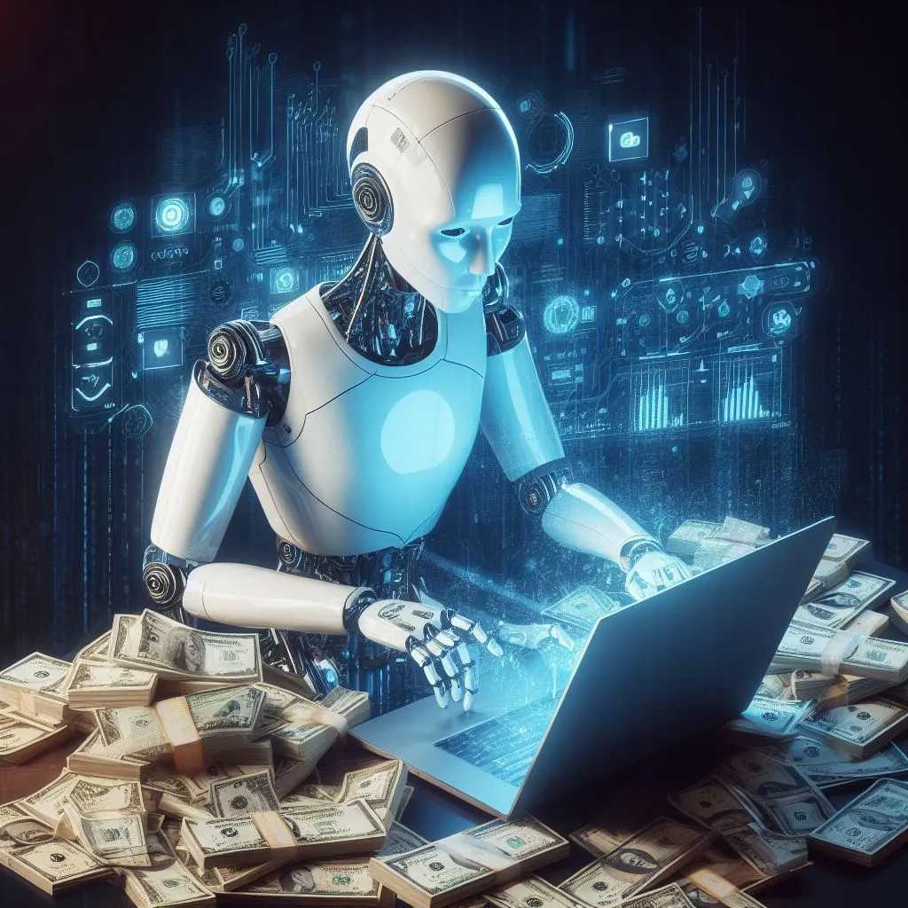 Un robot umanoide che sviluppa un'app con un computer portatile circondato da vagonate di denaro e arte digitale