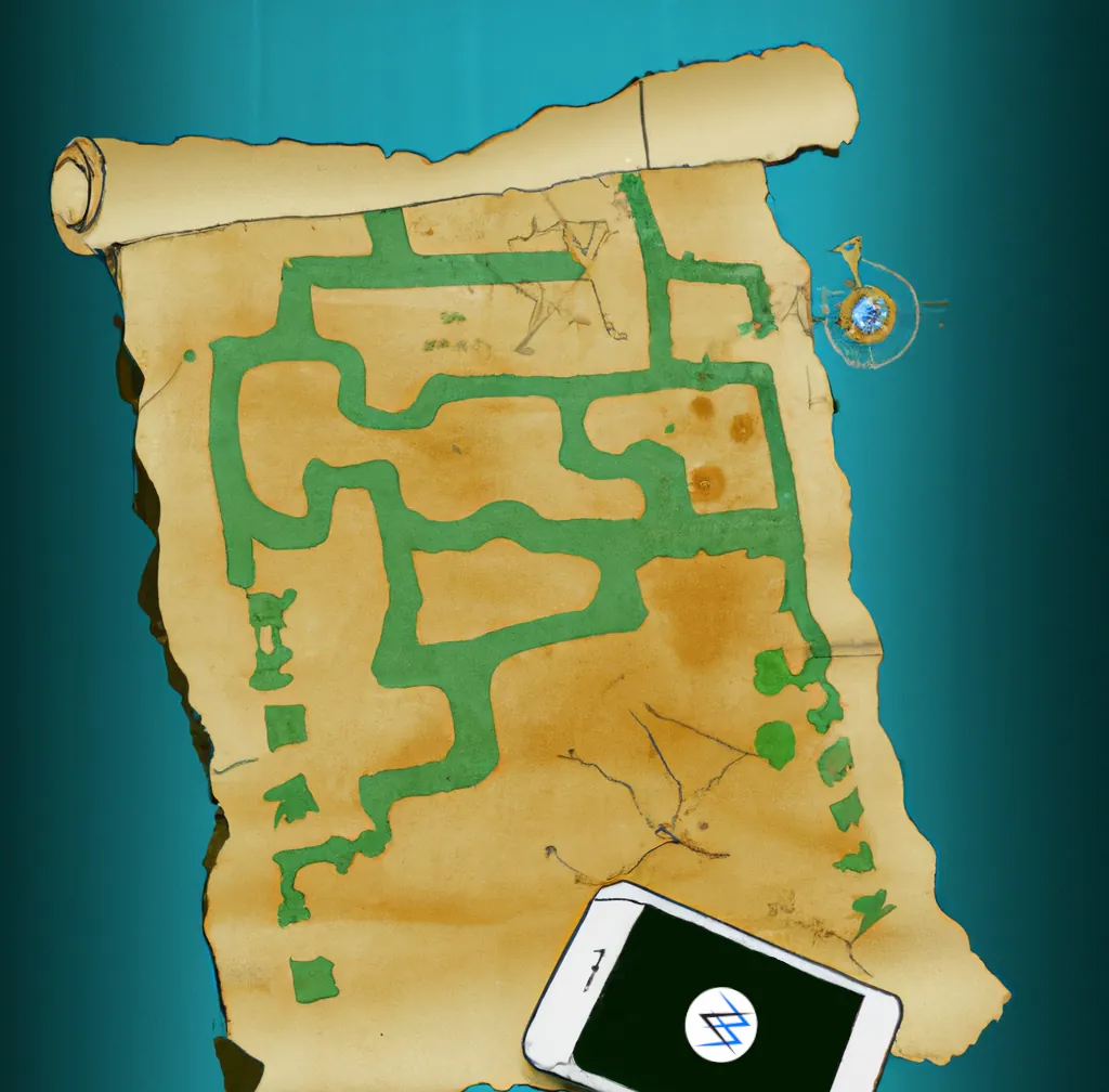 una mappa del tesoro che porta a un'applicazione, arte digitale