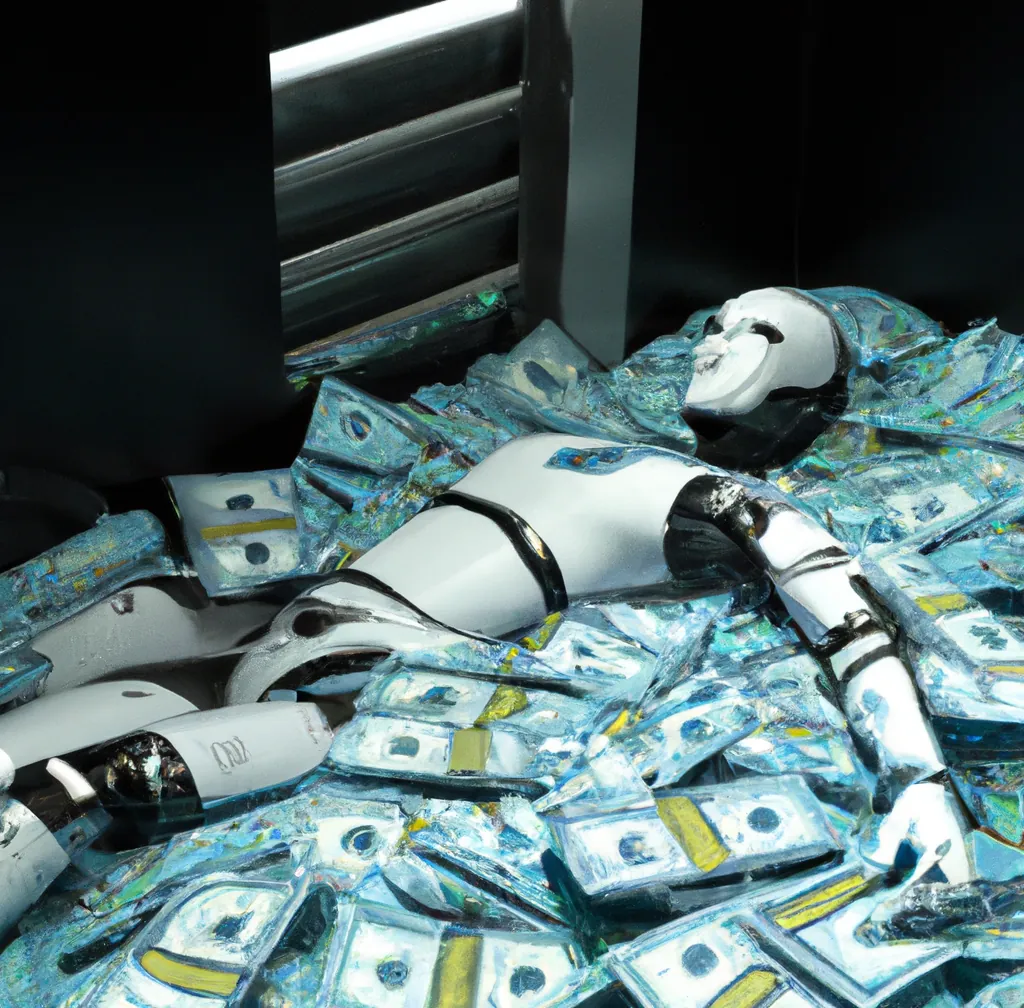 Een humanoïde robot zwemmend in geld in een virtuele kluis, digitale kunst