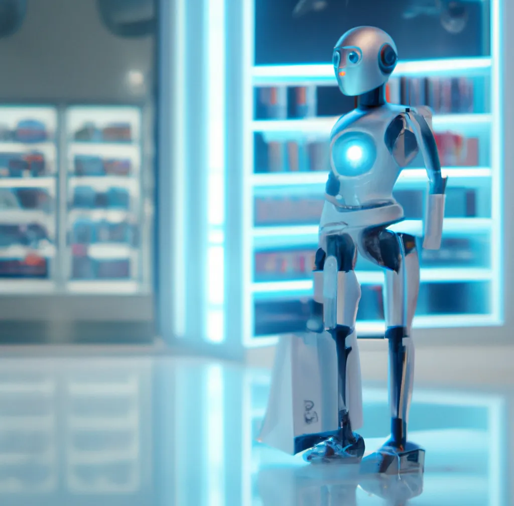 Ein humanoider Roboter in einem futuristischen Laden, digitale Kunst