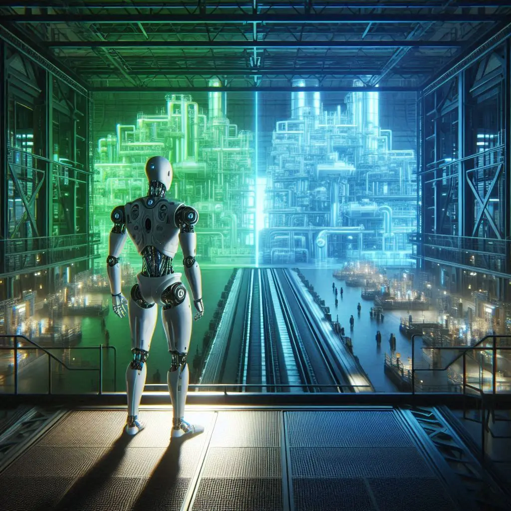 Humanoidalny robot stojący na platformie i patrzący na wnętrze zakładu produkcyjnego, który jest wyraźnie podzielony na środku. Lewa część jest zielona, prawa niebieska, sztuka cyfrowa.