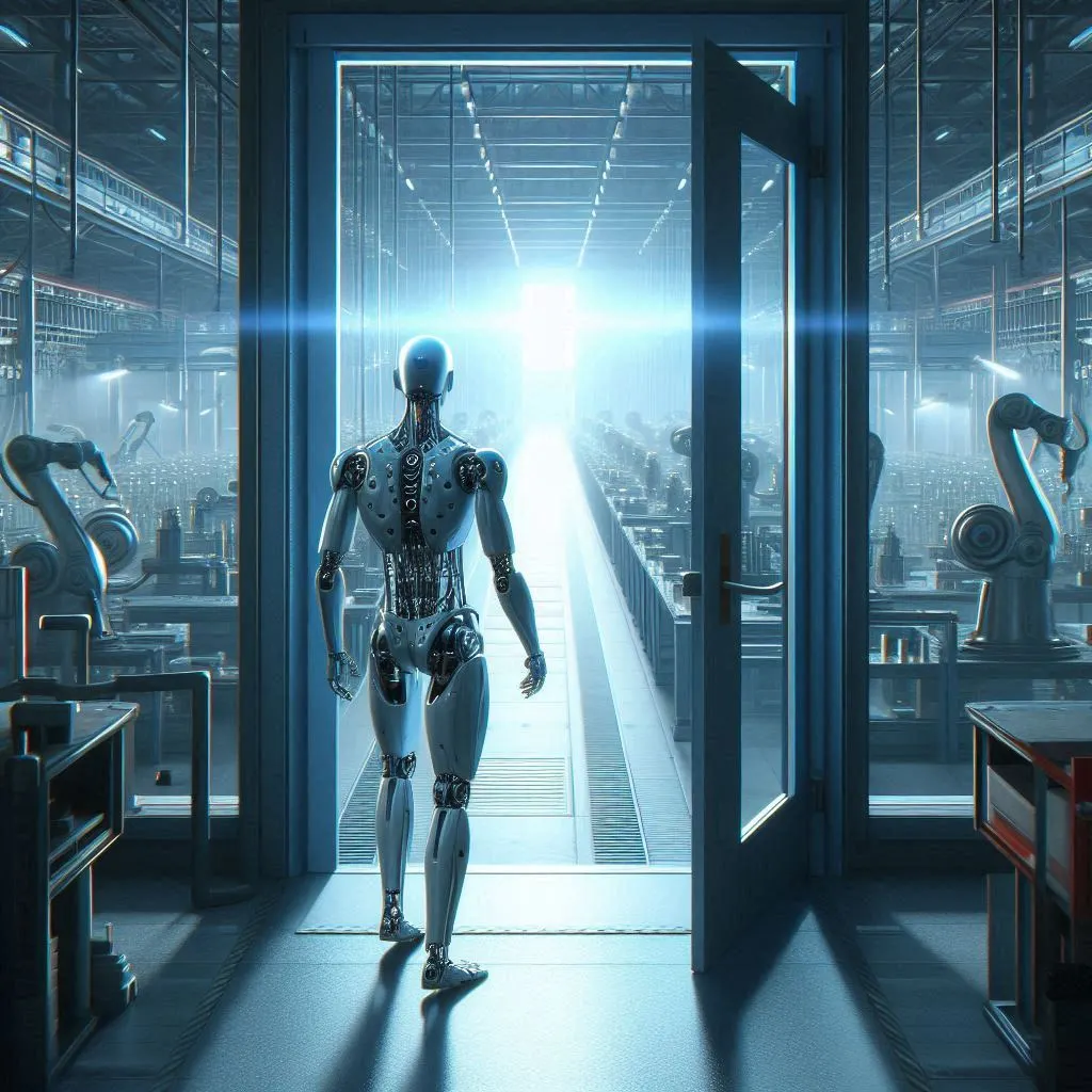 A humanoid robot opening the door to a factory production floor, digital art