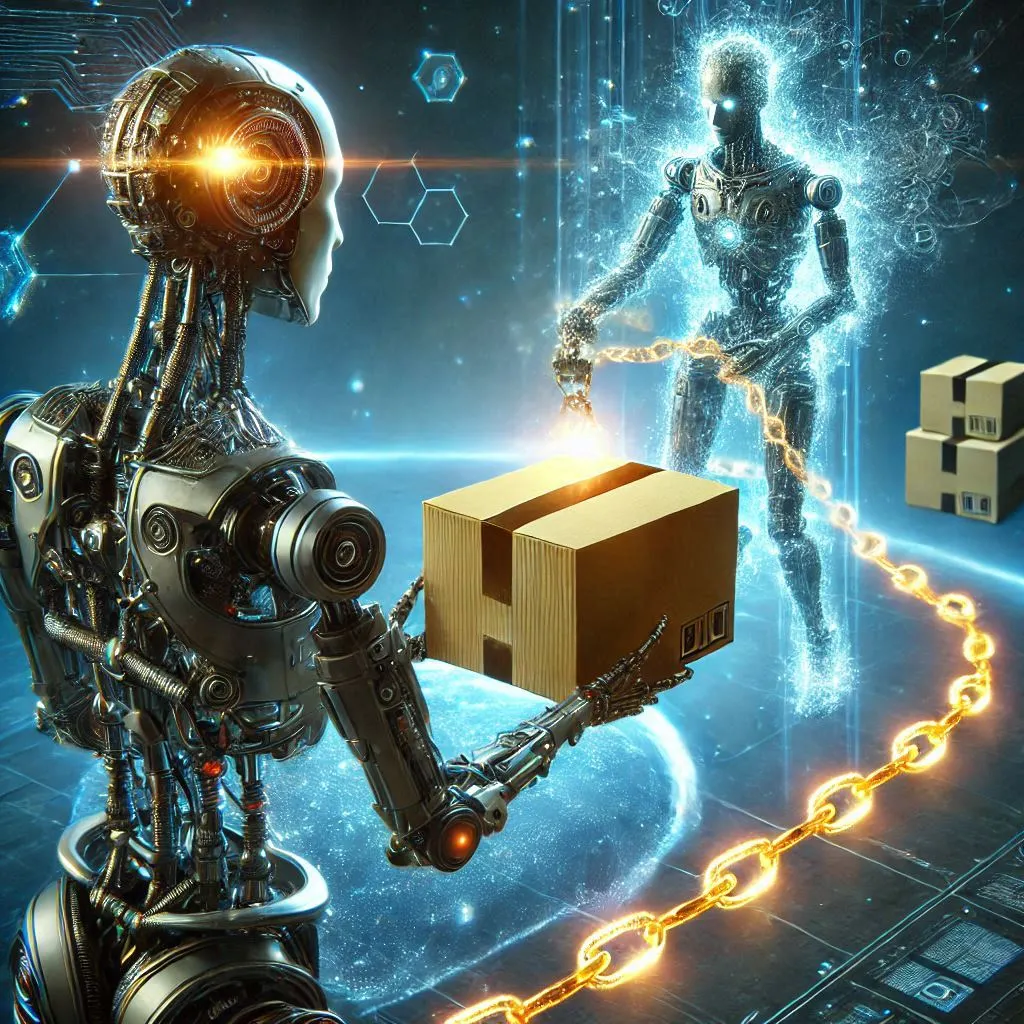 A humanoid robot connecting a package to a golden glowing chain, digital art