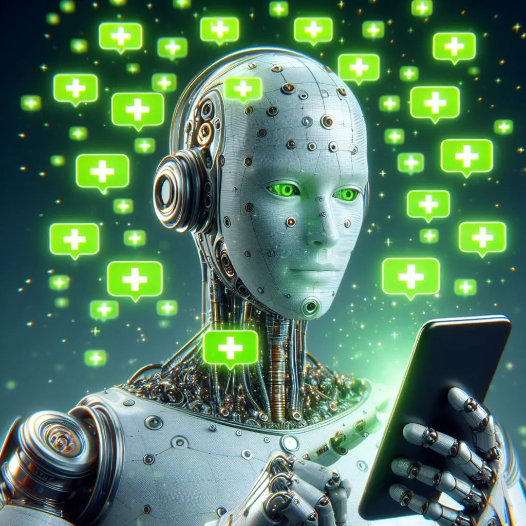 Een humanoïde robot met een smartphone en veel groene plustekens die rondzweven als pushmeldingen, digitale kunst