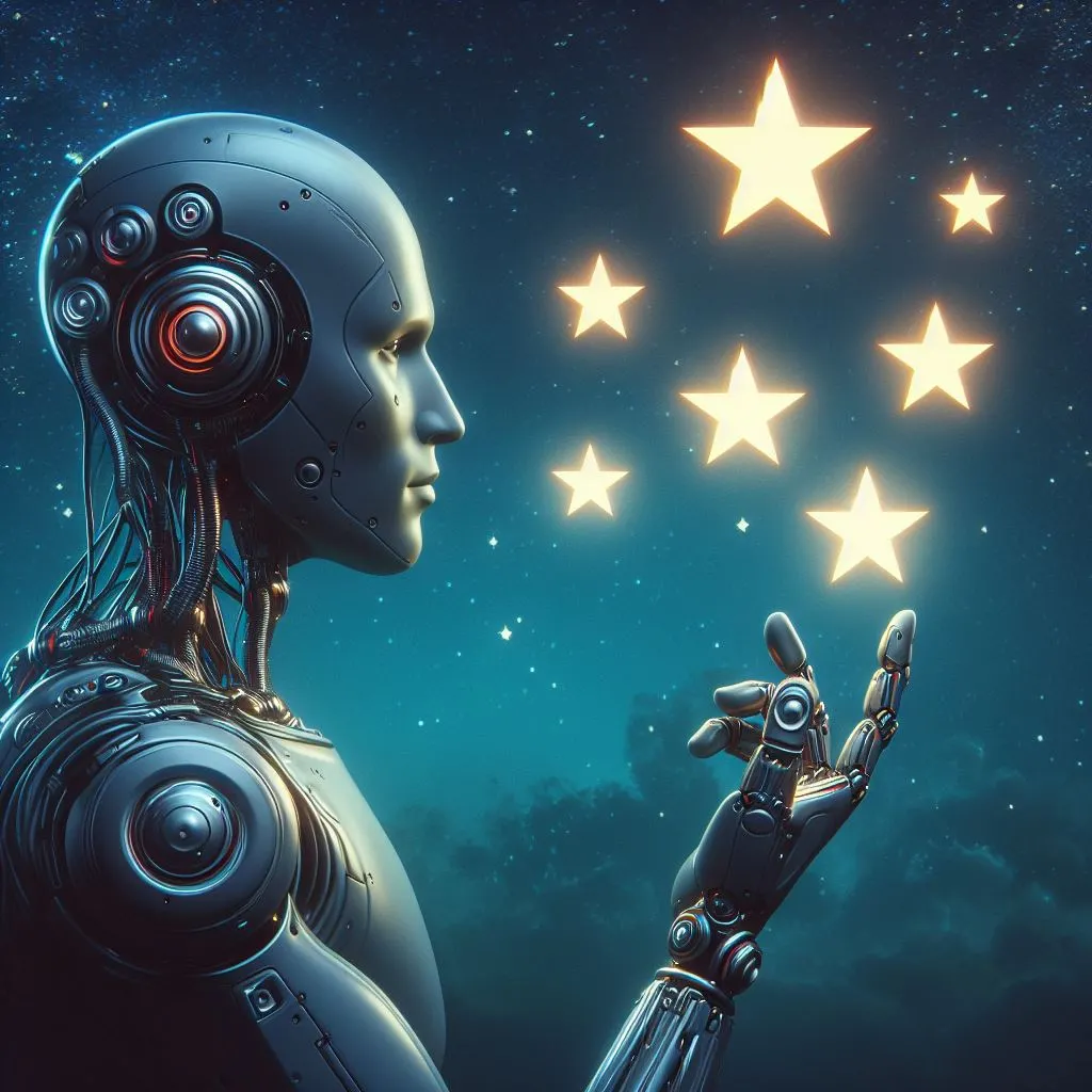 Ein humanoider Roboter, der auf schwebende Stern-Icons schaut, digitale Kunst