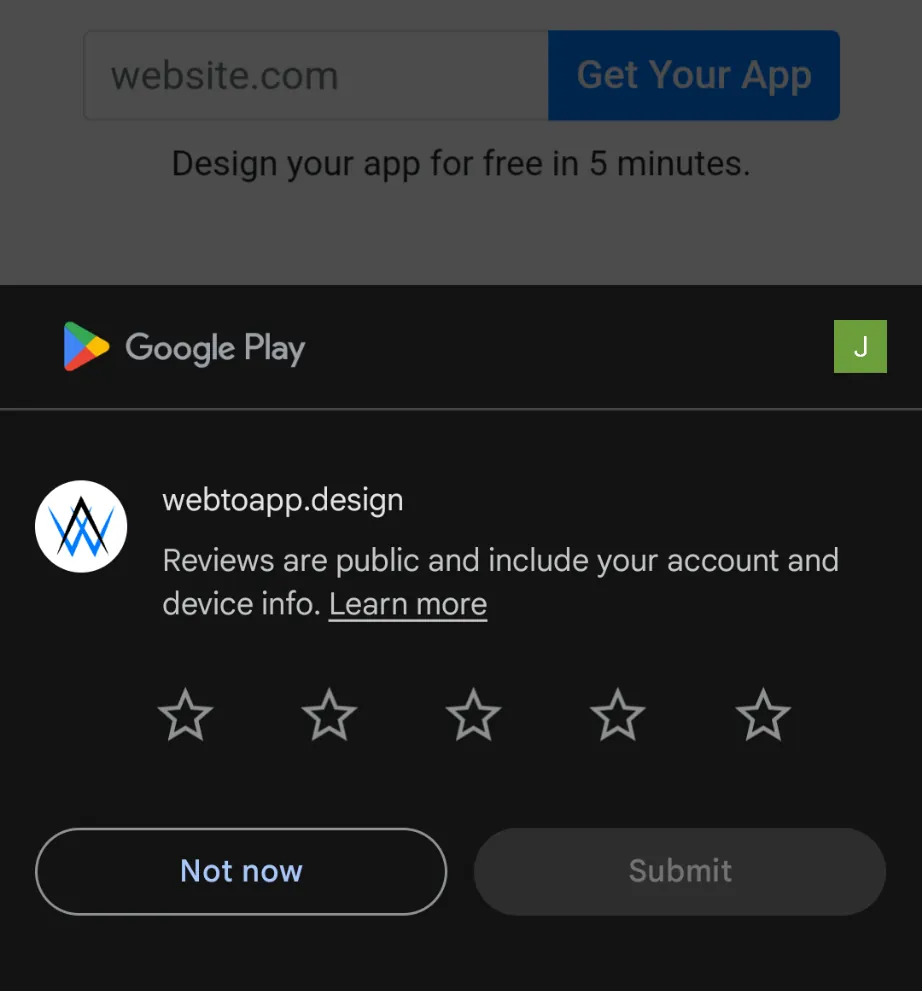 Uma captura de tela do lembrete de avaliação nativo do Android, que permite ao usuário selecionar de uma a cinco estrelas.