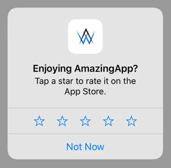 Uma captura de tela do lembrete de avaliação nativo do iOS, que permite ao usuário selecionar de uma a cinco estrelas.