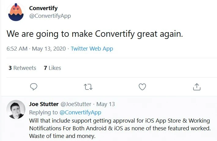Another twitter user complaining that Convertify doesn't work.