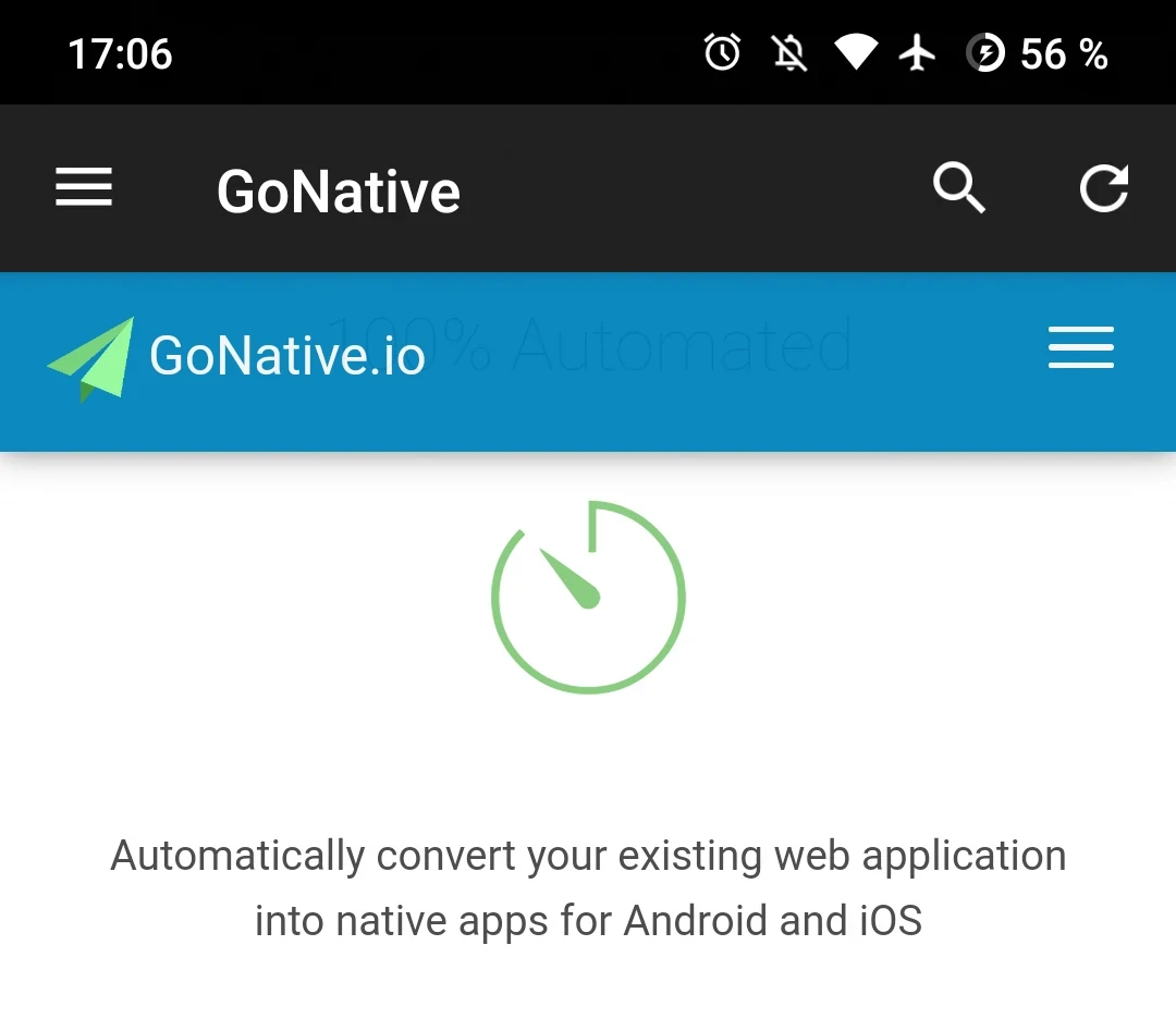 Une capture d'écran de l'application Gonative qui comporte 2 barres d'application (en-têtes)