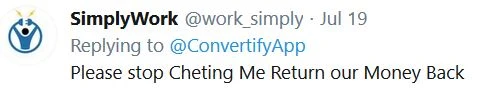 Un client de Convertify explique sur Twitter qu’il s'est vu refuser un remboursement.