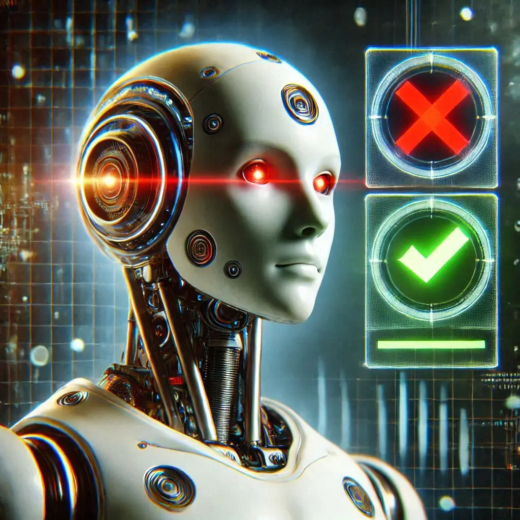 A humanoid robot looking at a status indicator with a red cross and a green tick, digital art