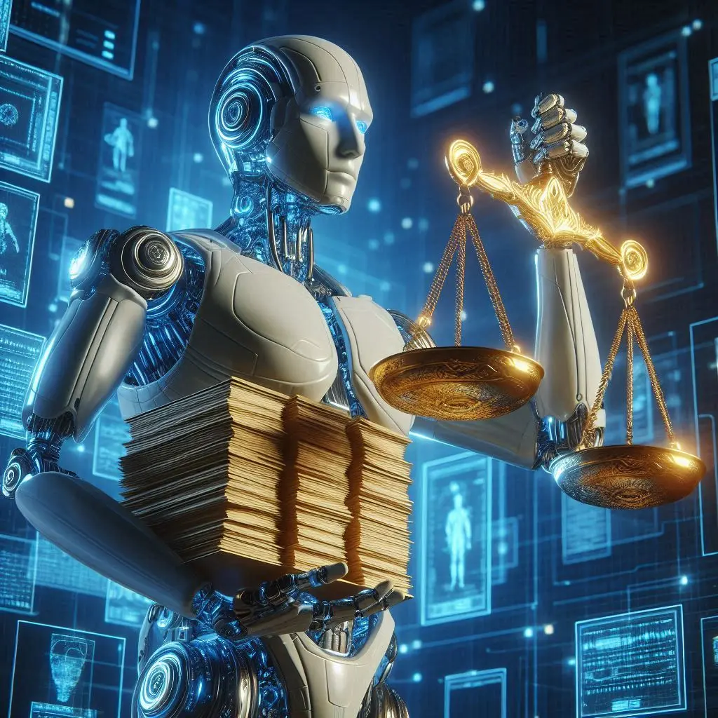 A humanoid robot holding golden scales of justice with blue glowing stacks of paper, digital art