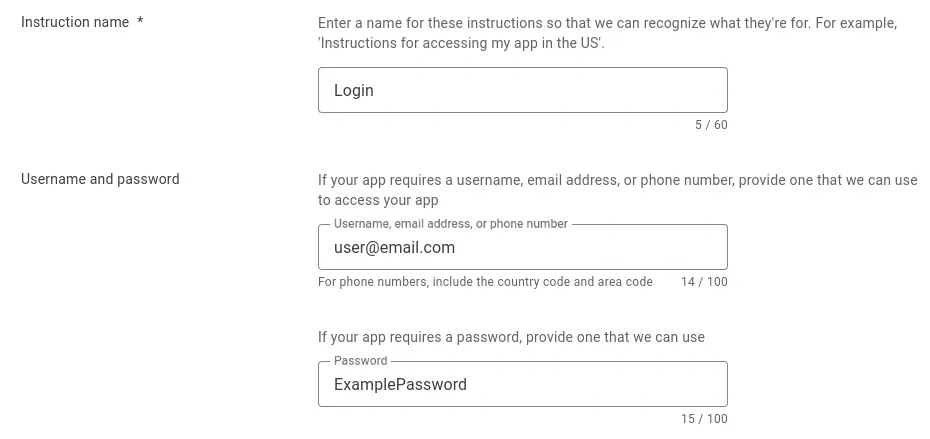 Uno screenshot dei campi nome utente e password nella Google Play Console.