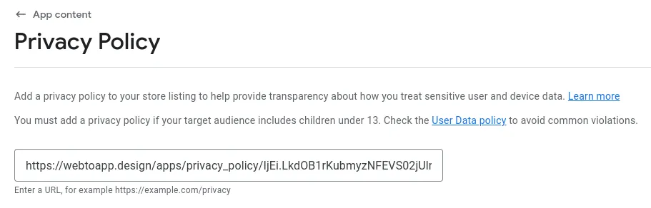 Una captura de pantalla del campo de entrada donde puedes introducir un enlace a la política de privacidad de tu sitio web.