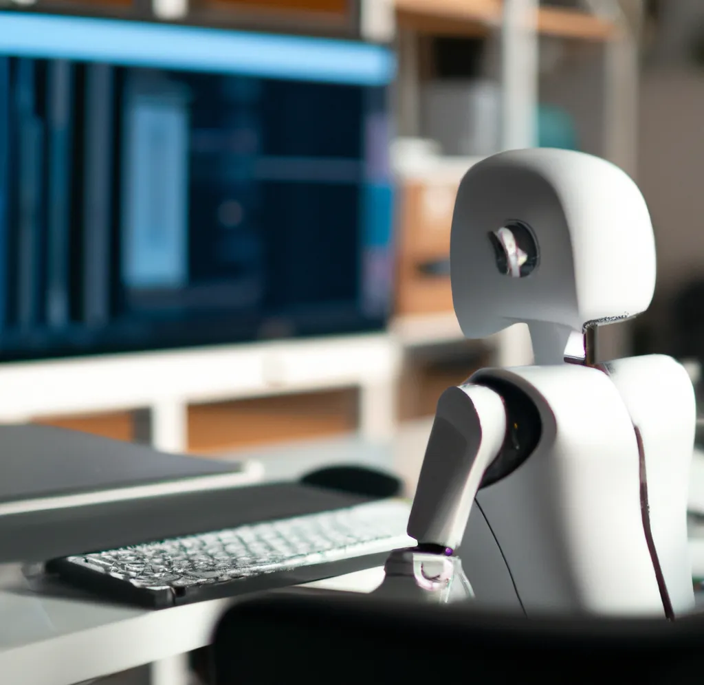 Een schattige humanoïde robot typt op een toetsenbord in een lichte kantoorruimte. Linksachter gezien, digitale kunst