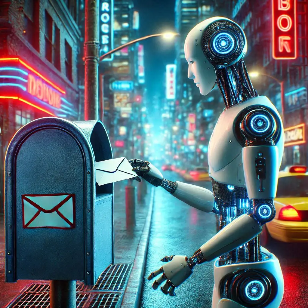 Un robot umanoide che mette una lettera in una cassetta postale con una strada cittadina al neon sullo sfondo, arte digitale