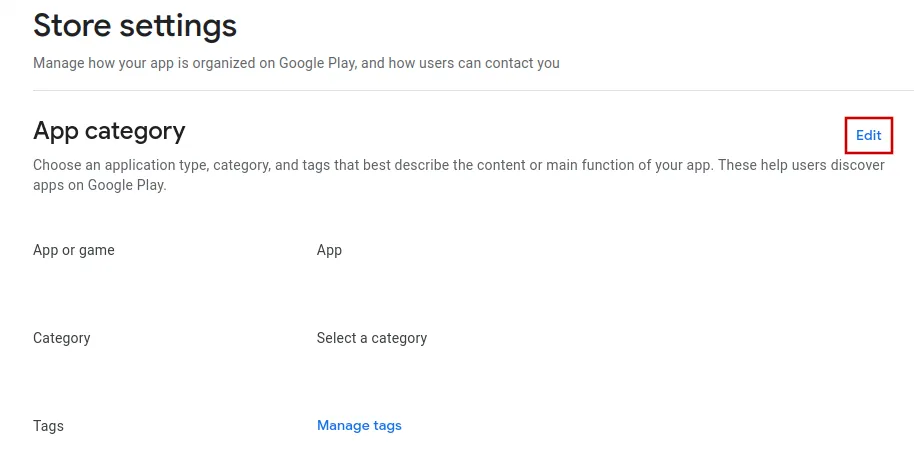 Ein Screenshot des App-Kategoriebereichs in der Google Play Console.