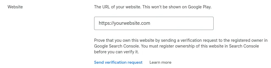 Zrzut ekranu sekcji strony internetowej w sekcji „About you” w Google Play Console.