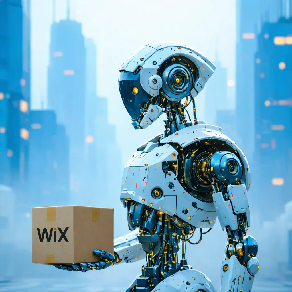 En humanoid robot som håller ett paket med Wix-loggan i händerna, digital konst