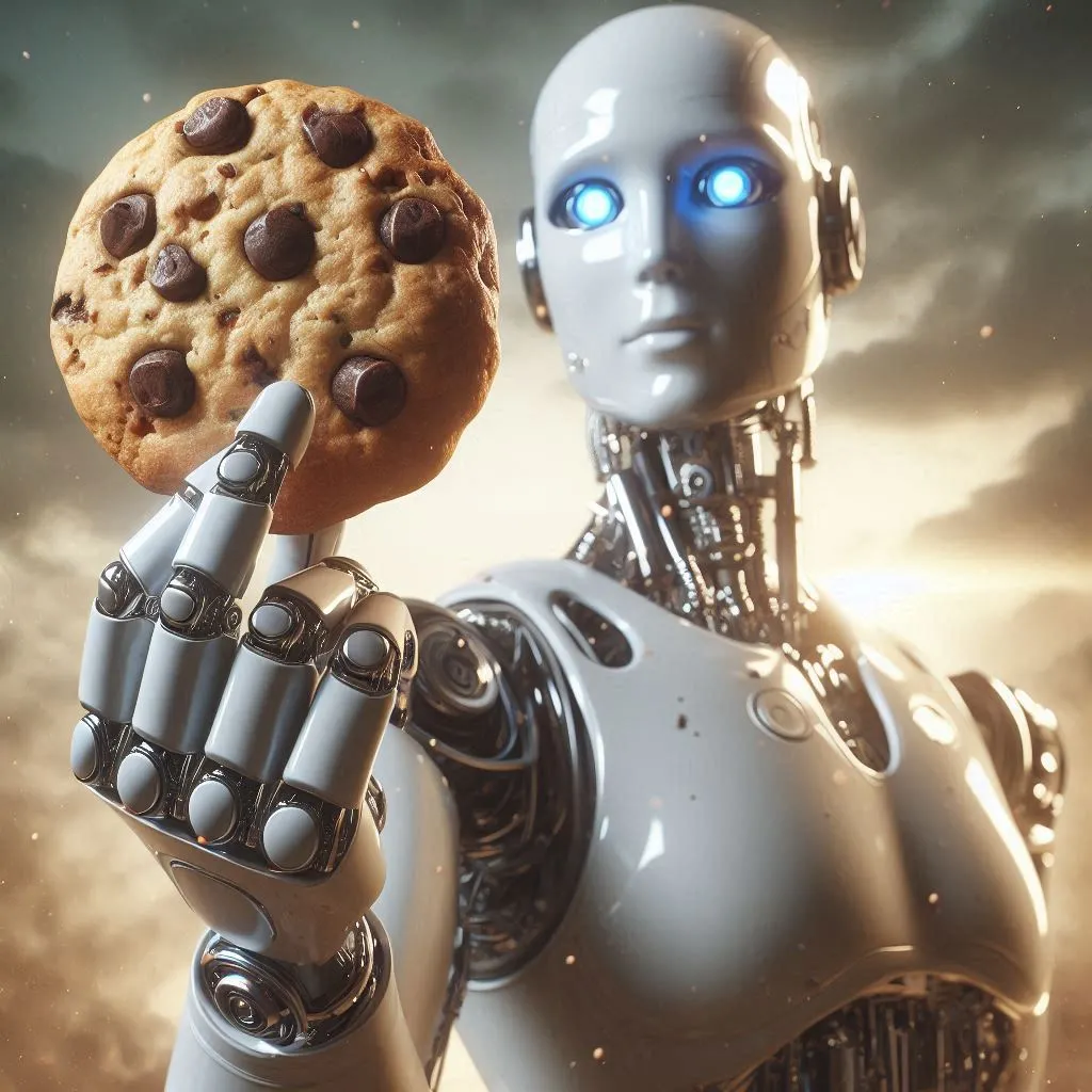 A humanoid robot holding up a delicious looking chocolate chip cookie, digital art