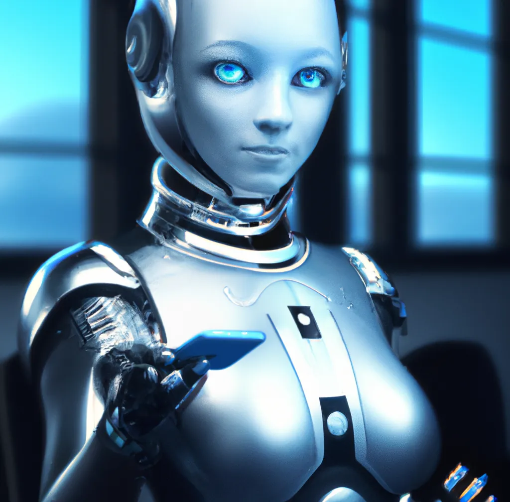 Un robot humanoide con ojos azul oscuro sosteniendo una aplicación dentro de una oficina con ventanas al fondo, arte digital