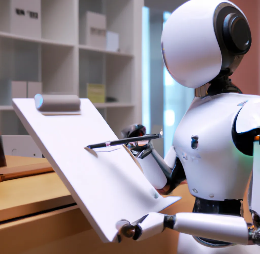 Een schattige humanoïde robot die een klembord vasthoudt in een licht kantoor, digitale kunst