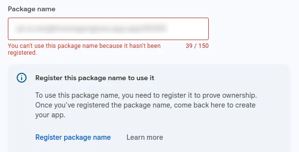 Een screenshot van de foutmelding: "You can't use this package name because it hasn't been registered."