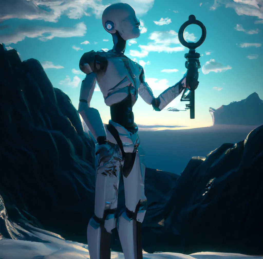 Ein humanoider Roboter mit blauen Augen präsentiert einen leuchtenden Schlüssel auf einem Berggipfel, digitale Kunst