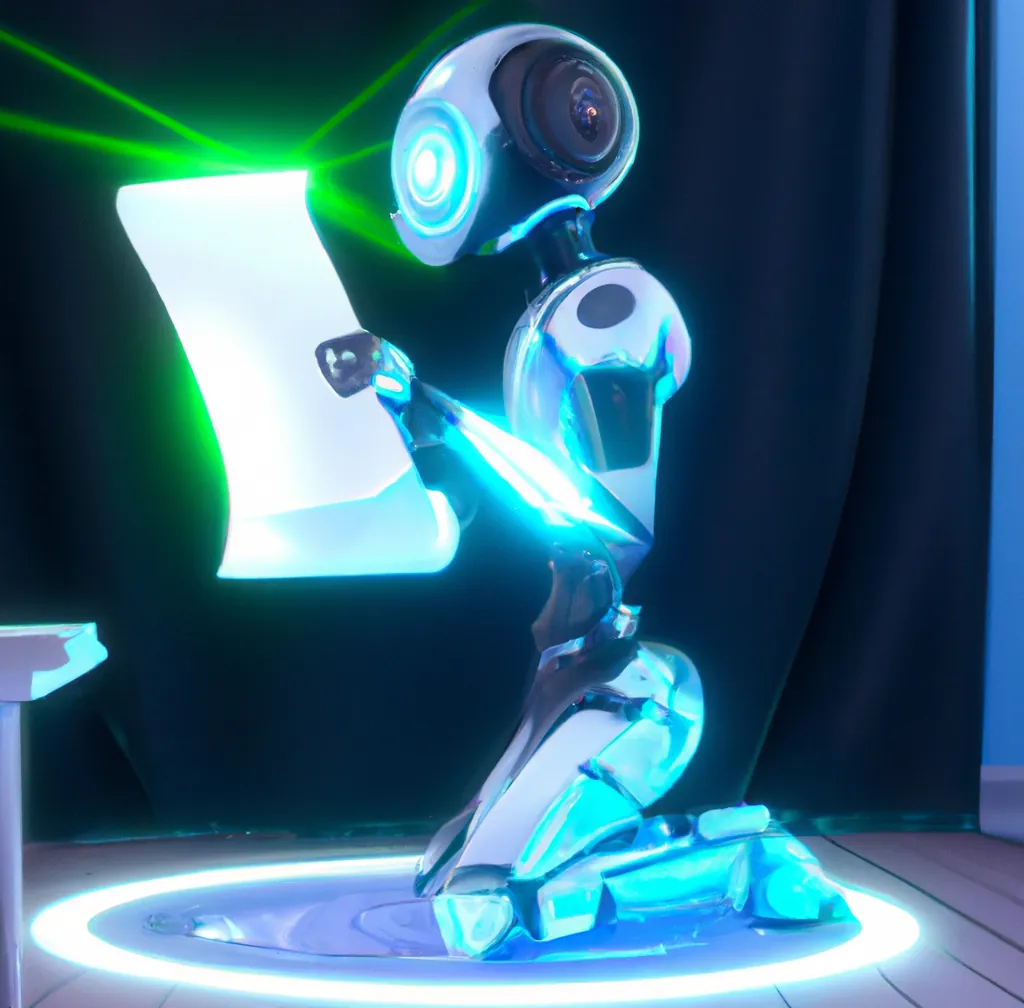 Een humanoïde robot die een sollicitatie invult in een ruimteschip, digitale kunst