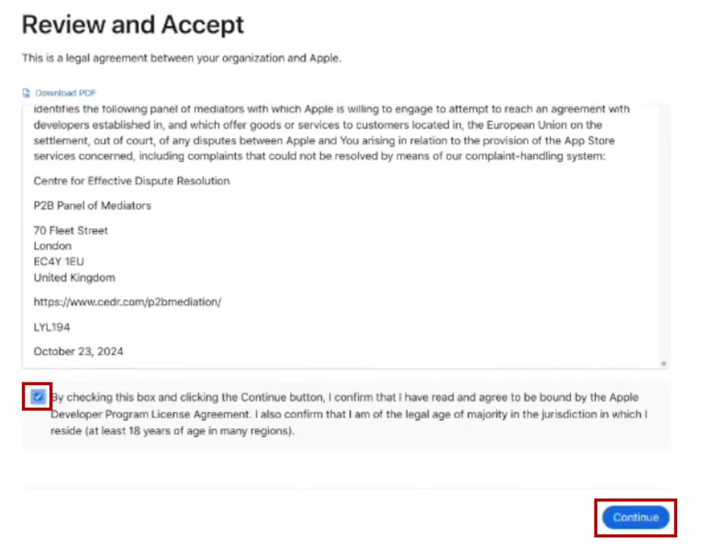 Een screenshot van de licentieovereenkomst van het Apple developer programma.