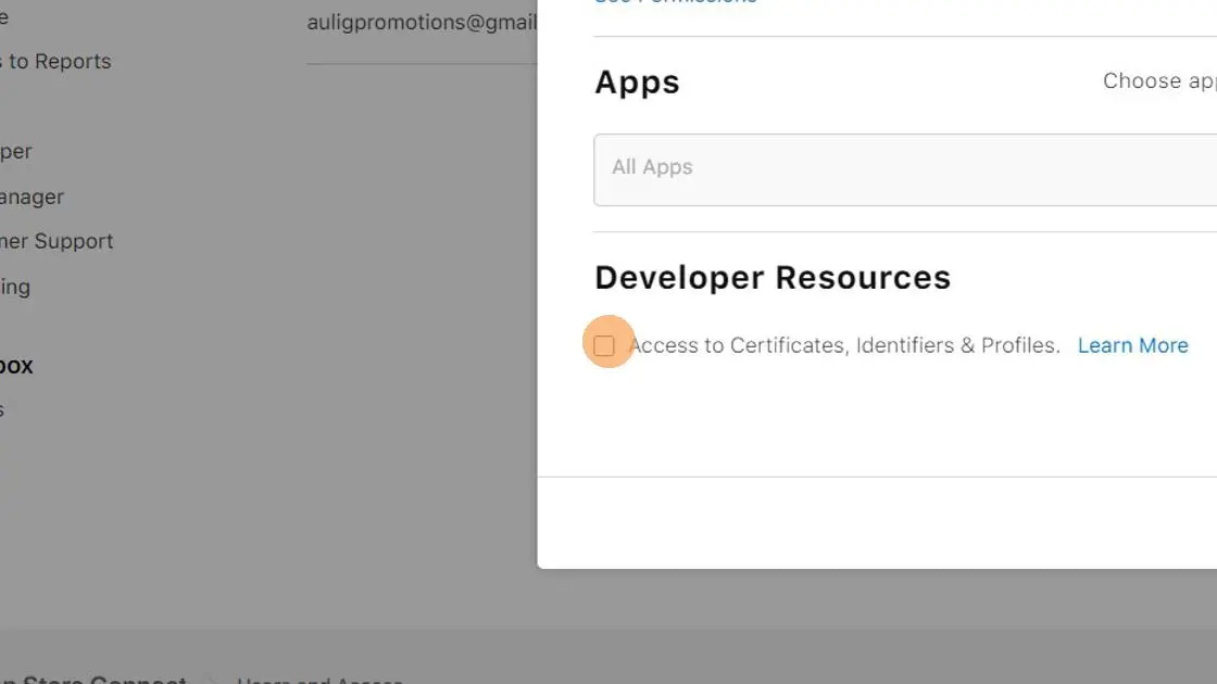 Uma captura de tela da caixa de seleção 'Access to Certificates, Identifiers & Profiles'.