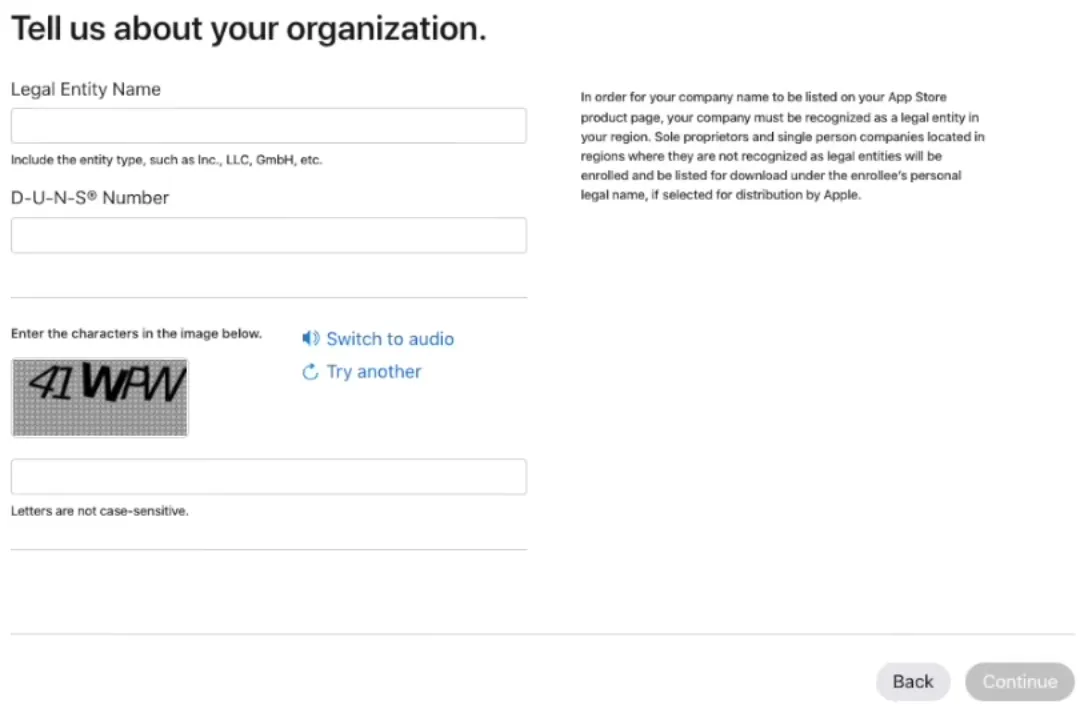 Een screenshot van de organisatie-informatievelden, inclusief de officiële bedrijfsnaam en het DUNS-nummer.