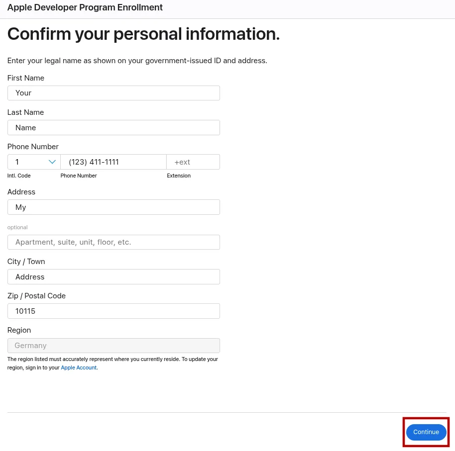 Een screenshot van het formulier voor persoonlijke gegevens, inclusief velden voor naam en adres.