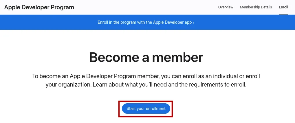 Een screenshot van de homepage van het Apple developer programma met de knop voor inschrijving gemarkeerd.