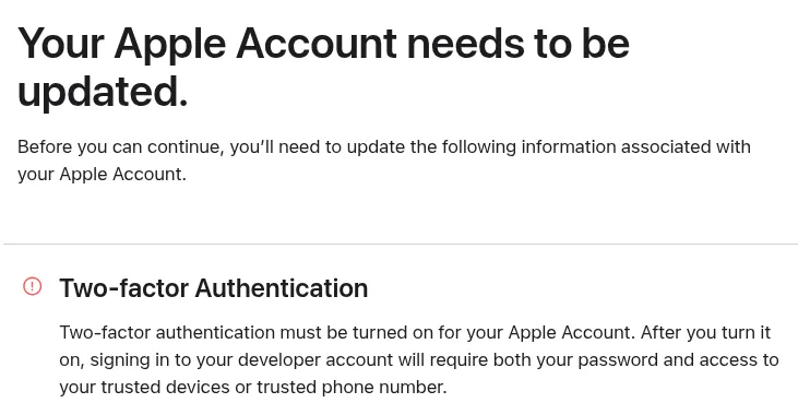 Een screenshot van het Apple-bericht dat je tweestapsverificatie moet inschakelen.