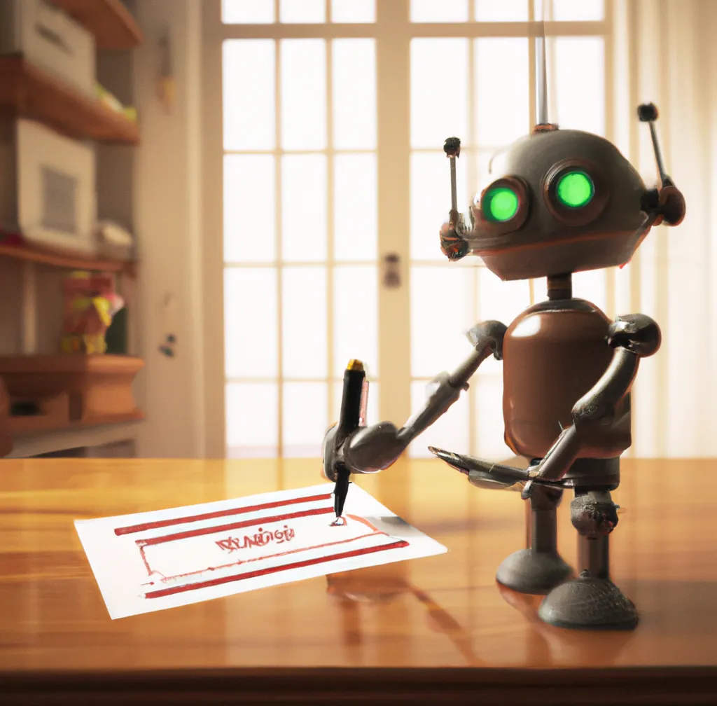 Un simpatico robot firma un certificato digitale sulla sua grande scrivania in legno in un caldo ufficio, arte digitale