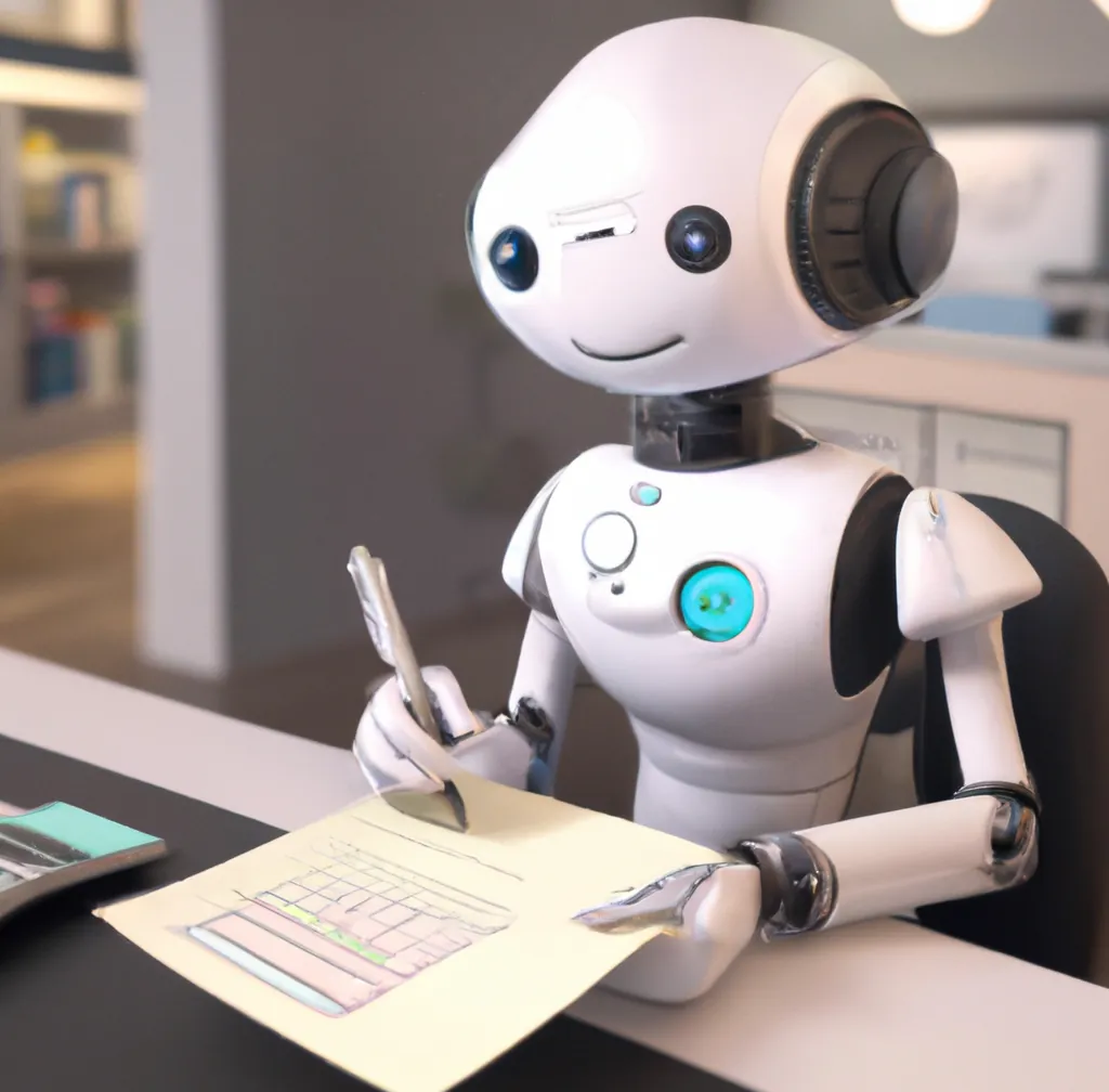 Um simpático robô humanoide registrando uma conta na sede de uma grande empresa, arte digital