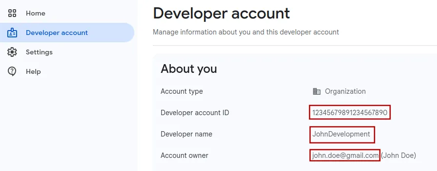 The developer account ID, name and owner e-mail highlighted in the Google Play Console.