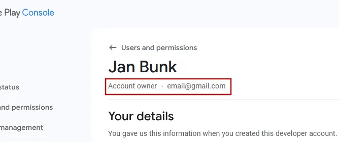 A screenshot of the Google Play Console interface showing the role of the user, in this case "Account owner".