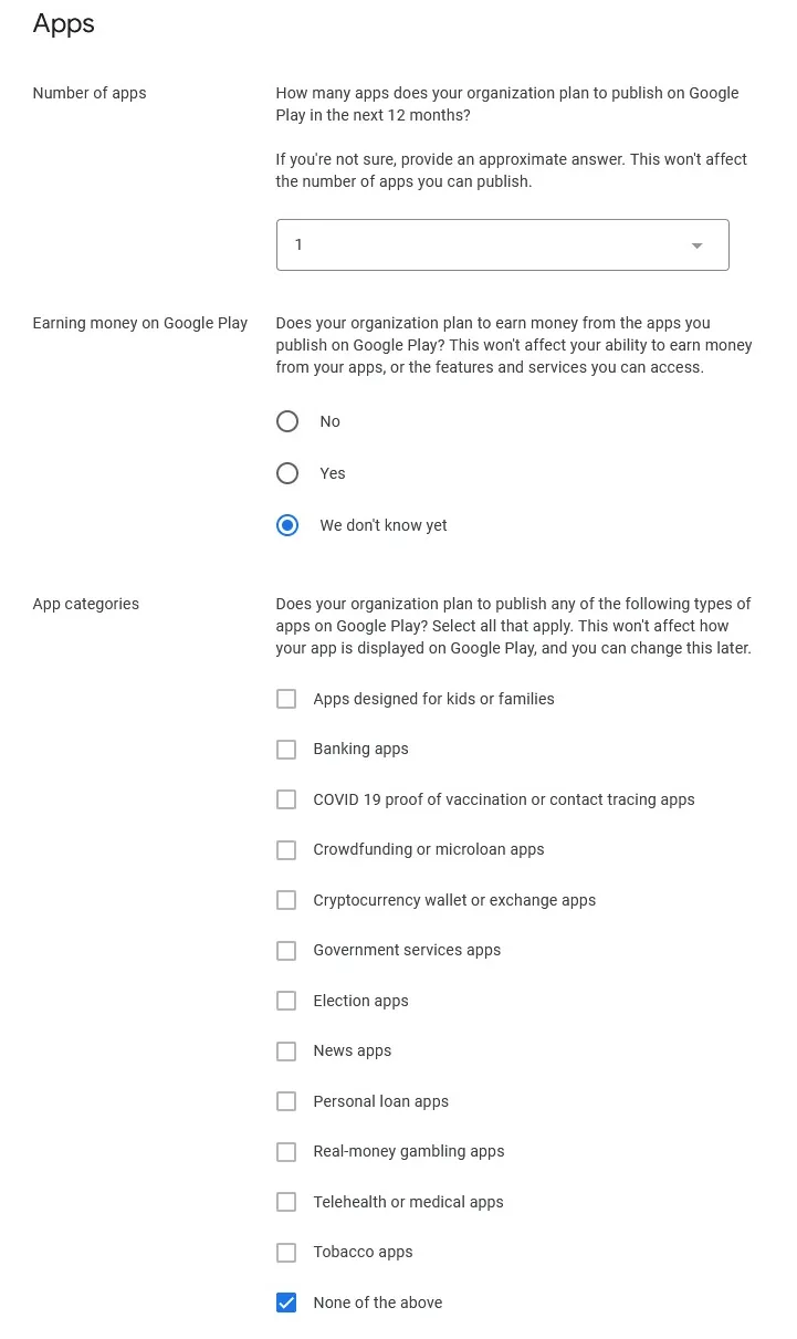A screenshot of the page where you can select the categories of apps you want to publish.